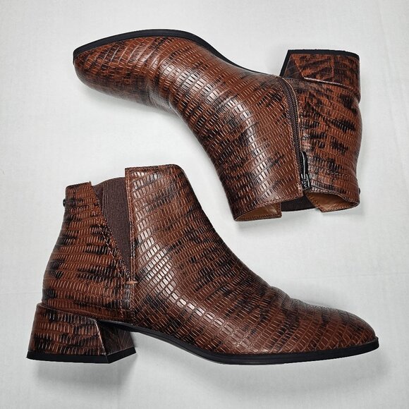 Franco Sarto Nico Ankle Boots Faux Croc Espresso Brown Block Heel Size 10 - Picture 1 of 11